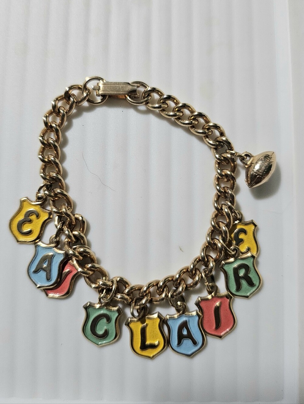 Vintage letter charm bracelet EAU CLAIR Name football charm